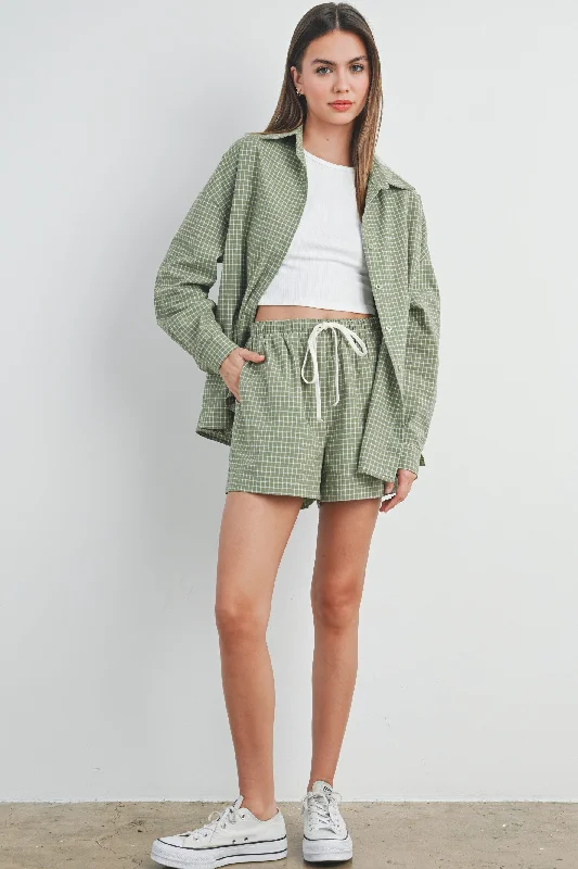 Olive Checker Plaid Drawstring Shorts