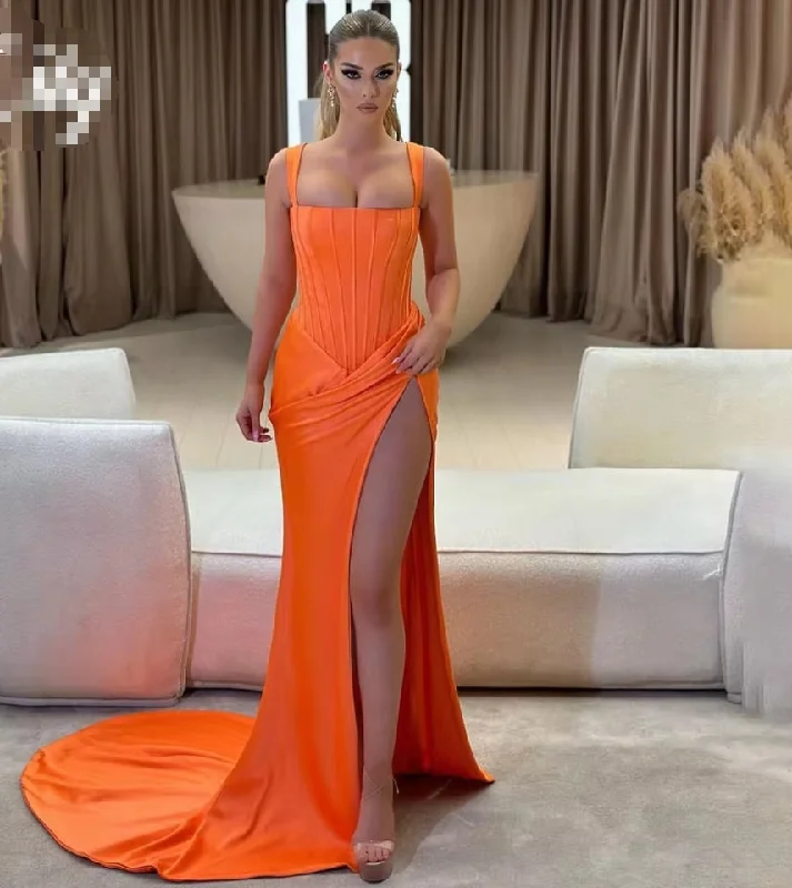 Orange Chic Woman Evening Dress Gown Mermaid Sexy Pleats Square Collar Night Dresses Gown With Split Custom robes de soirée