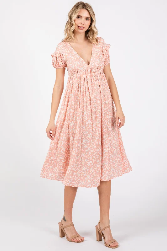 Peach Floral V-Neck Short Sleeve Dress