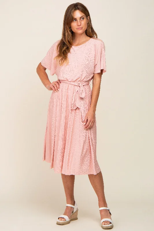 Pink Crinkle Knit Tie Waist Short Sleeve Dress