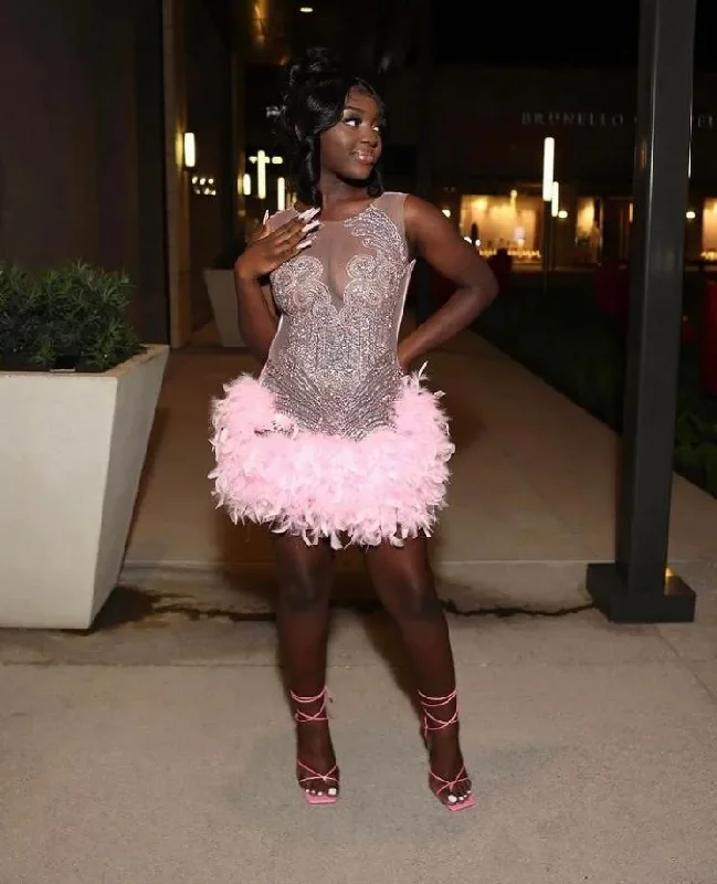 Pink Short Prom Homecoming Dress for Black Girl Sparkly Crystal Feather Sheer Mesh Birthday Celebrity Gown kleider damen