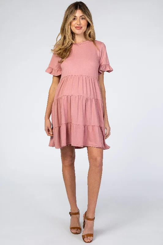 Pink Tiered Short Sleeve Maternity Dress