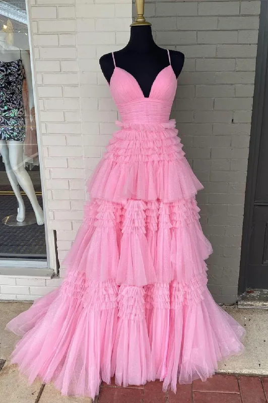 Pink V-Neck Tulle Long Ball Gown      S1373