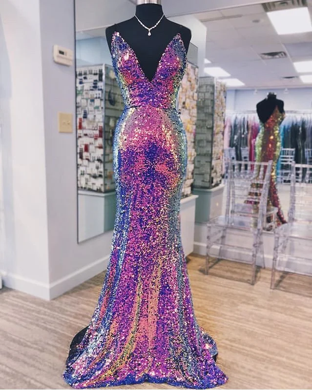 Purple Iridescent Sequin Mermaid Long Party Dress     S3773