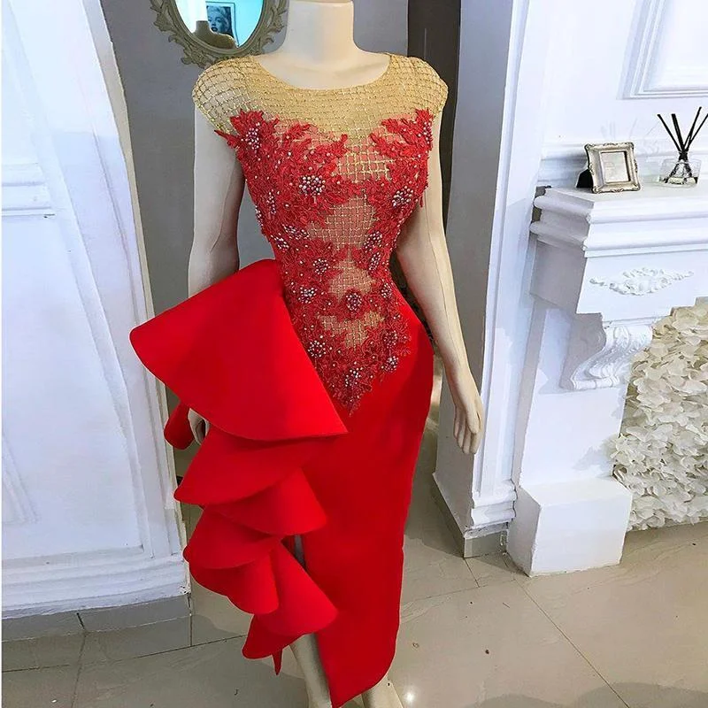 red evening dresses long lace applique mermaid modest beaded elegant sexy cheap evening gowns  S1777