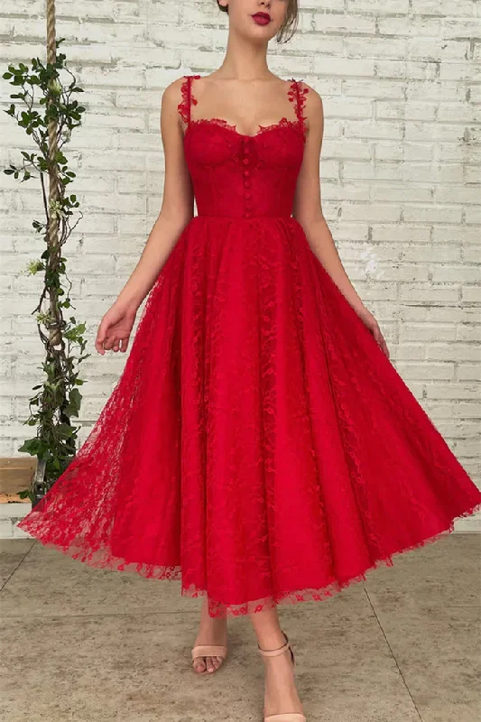 Red Lace Tea Length Prom Dress, Red Lace Homecoming Dress, Short Red Formal Evening Dress    S1365