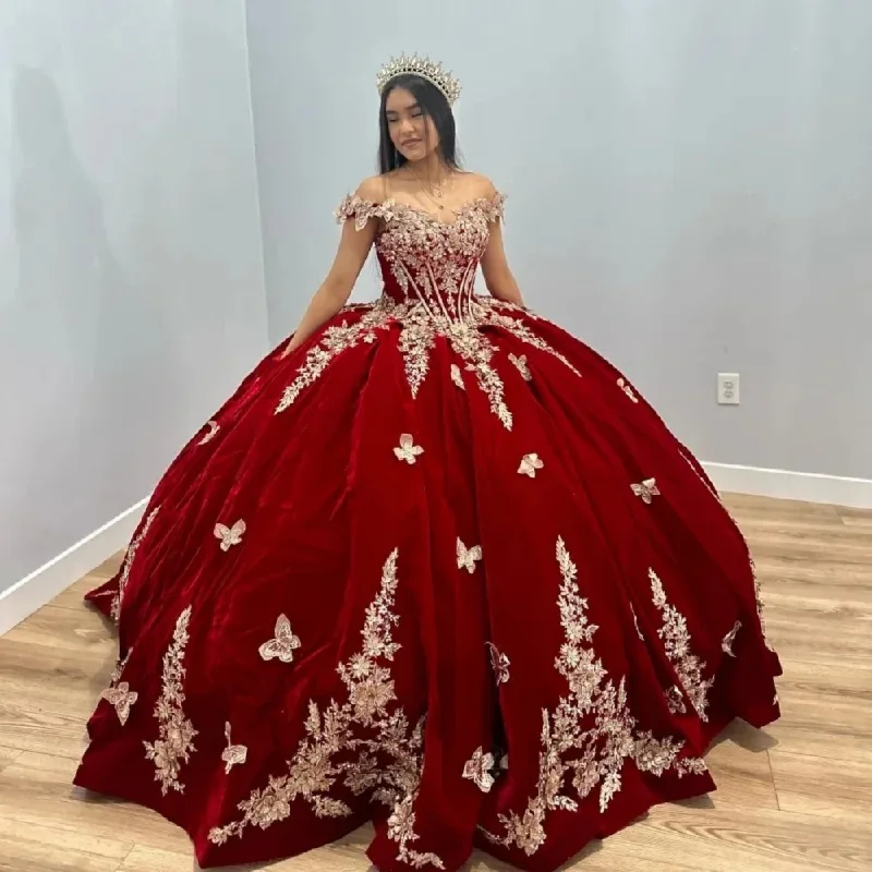 Romantic Sweetheart Neck Quinceanera Dresses Sparkly 3D Flower Ball Gown Burgundy Sweet 16 Year Princess Dress vestidos de anos