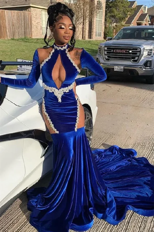 Royal Blue High Neck Long Sleeves Black Girl Mermaid Prom Dress