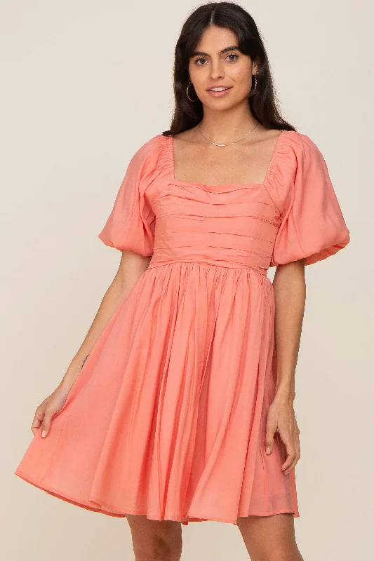 Salmon Square Neck Puff Short Sleeve Dress