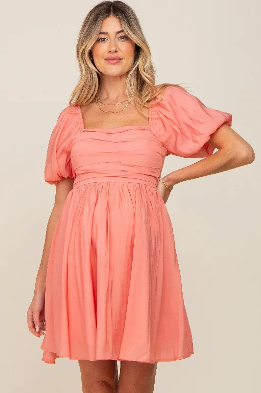 Salmon Square Neck Puff Short Sleeve Maternity Dress