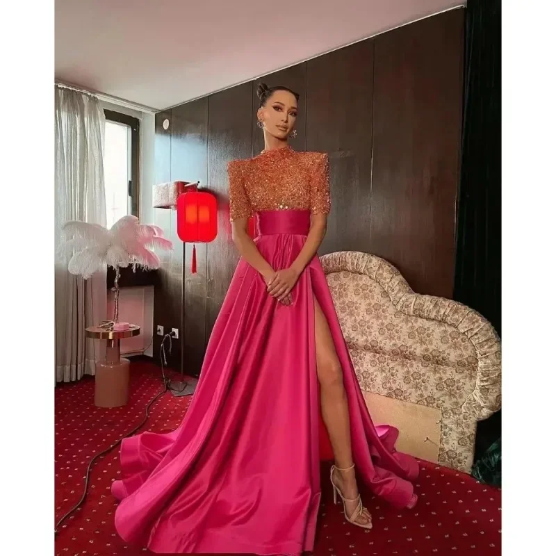 Satin Sequins Glitter Prom Dress with Slit High-Neck Ball Dress A Line Formal Evening Party Gown for Women Robe De Soirée