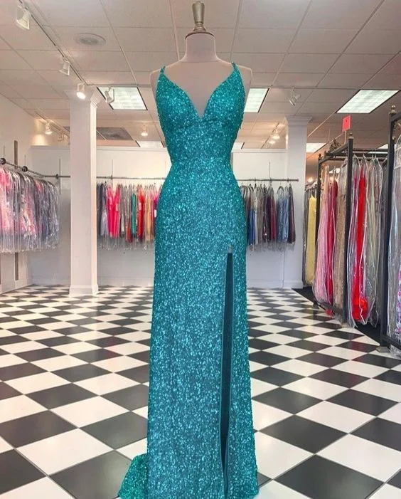 Sequin Long Formal Dress, V Neck Prom Dresses      S1063