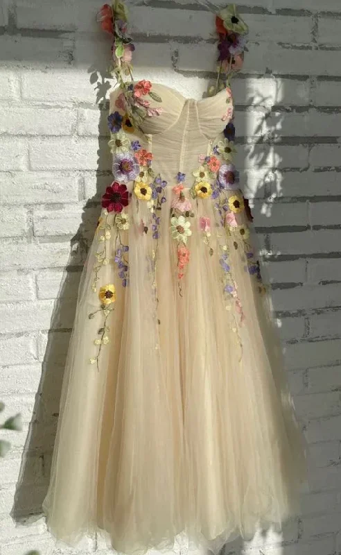 Champagne Tulle Tea Length Formal Dress with Flowers, Champagne Prom Dress   S2172