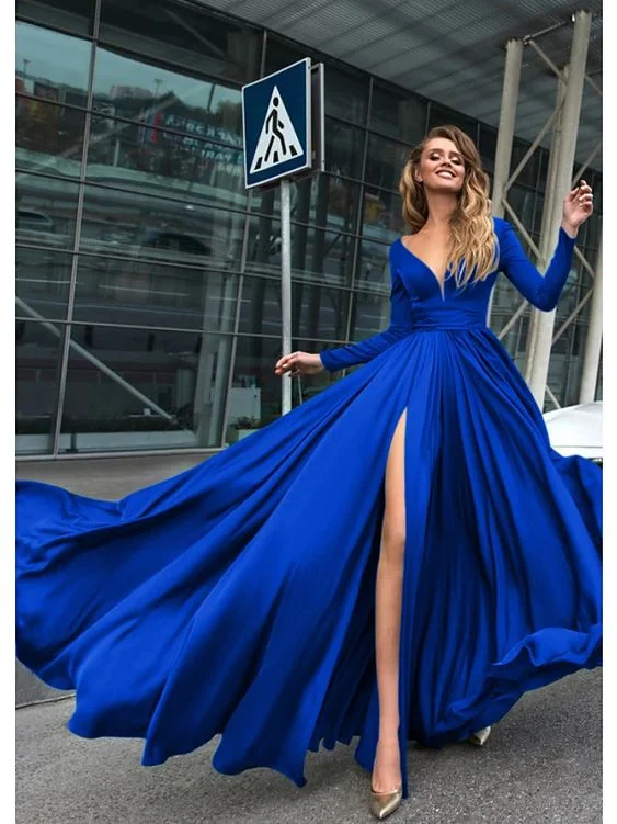 Sexy Holiday Prom Formal Evening Dress V Neck V Back Long Sleeve Floor Length Chiffon with Slit    S1189