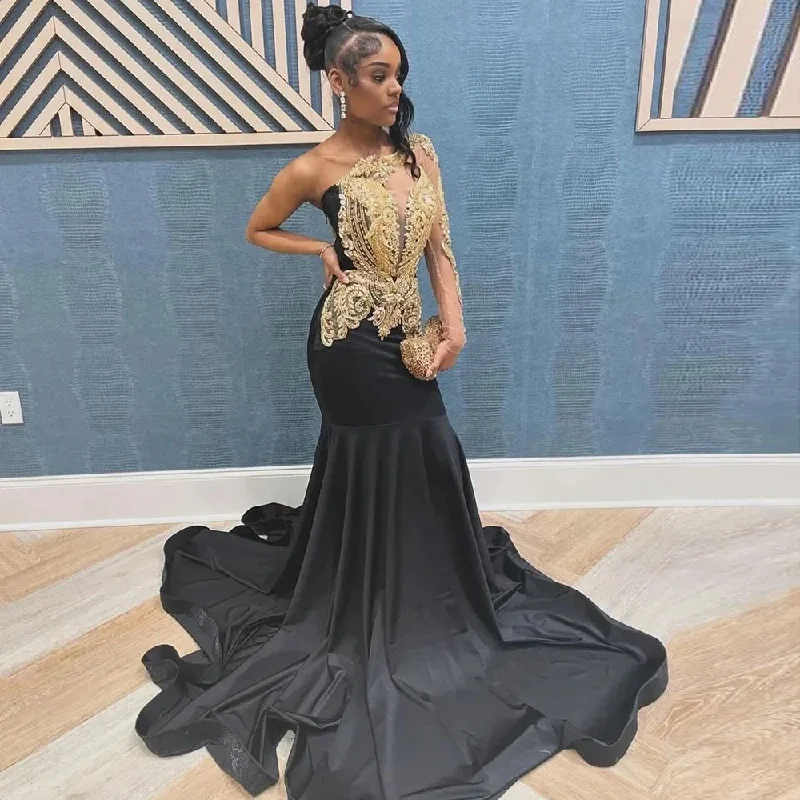 Sexy One Shoulder Mermaid Prom Dresses for Black Girl 2024 Luxury Gold Lace Appliques Plus Size Formal Evening Occasion Gown ves