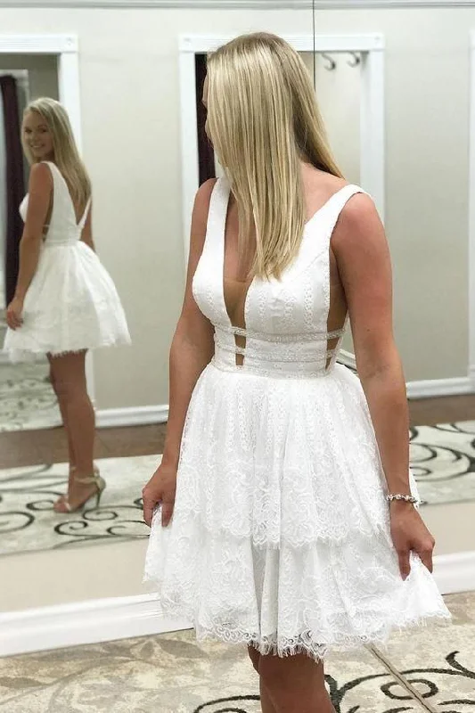 Short 2023, White Homecoming Dresses Lace Dress       S3132