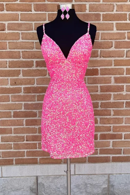 Short Hot Pink Sequined Tight Homecoming Dress      S3211