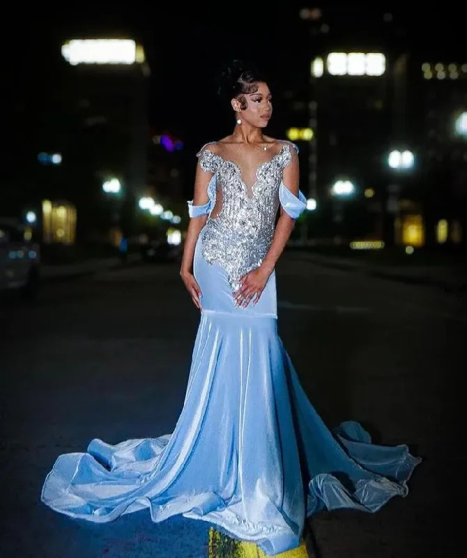 Ice Blue Sparkly Trumpet Long Prom Birthday Party Dresses for Black Girl Luxury Diamond Gillter Evening Gala Ceremony Dress