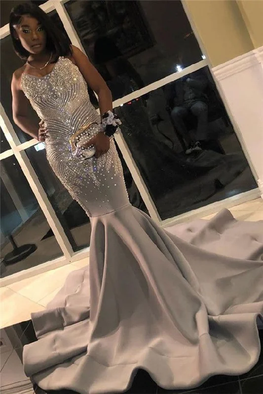 Silver Grey Mermaid Prom Dresses with Beads Crystals | Sexy Strapless Sleeveless Cheap Formal Evening Gowns     S1674