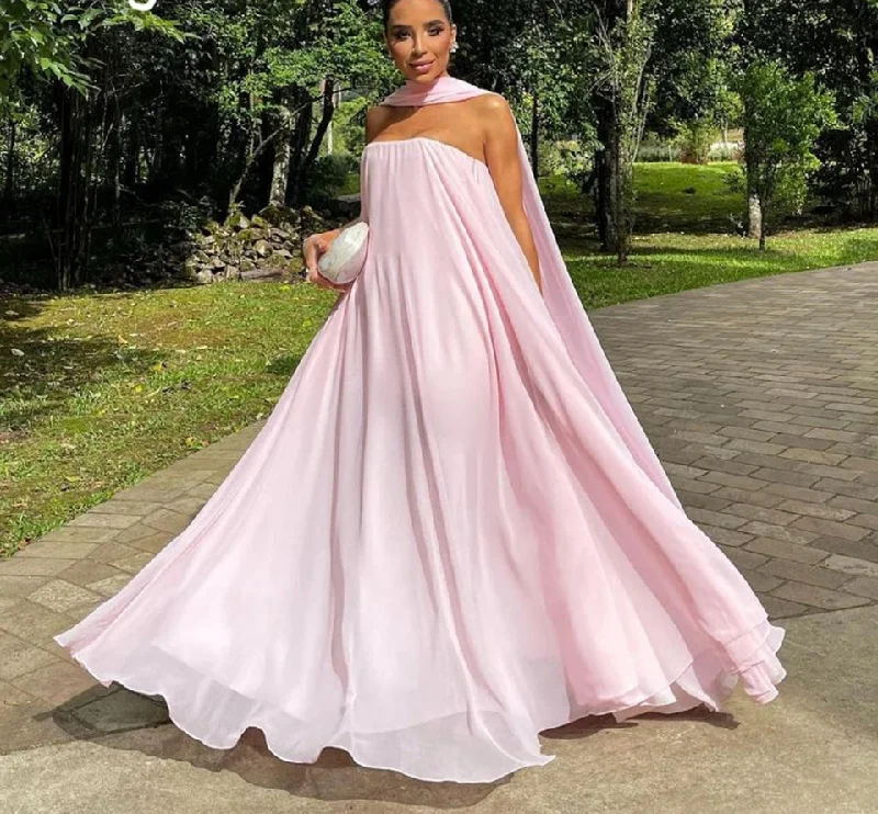 Simple Pink Strapless A Line Evening Dresses With Scraf Chiffon Holiday Gowns Floor Length Dinner Party Dress For Women