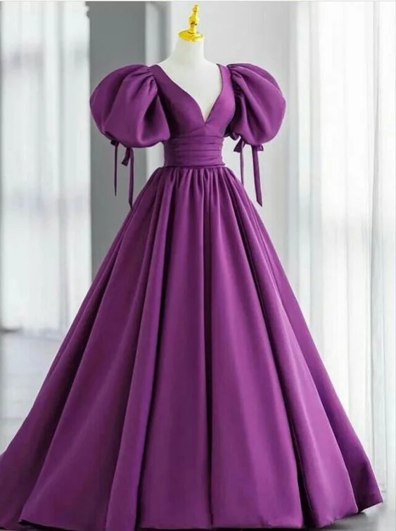 Simple Prom Dresses Deep V Neck Purple Evening Formal Gowns      S1287