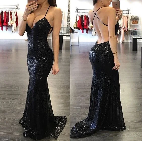 Spaghetti Strap Black Long Evening dresses    S1572