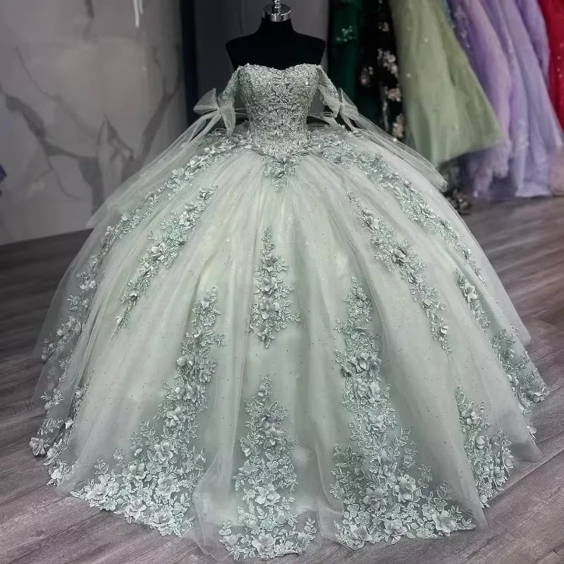 Sparkling Sage Green Lace Up Ball Gown Quinceanera Dresses 2025 With Appliques Mexico Brithday Party Vestidos De 15 Quinceañera