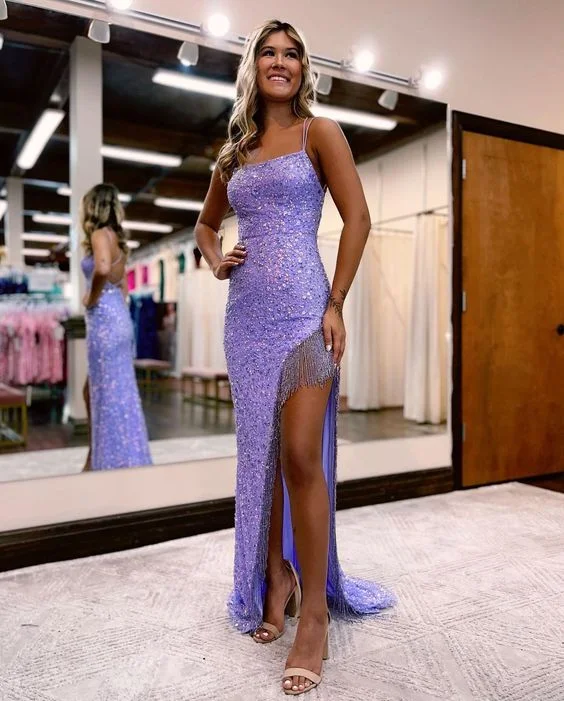 Sparkly Sheath V Neck Lavender Sequins Long Prom Dresses with Beading      S2301