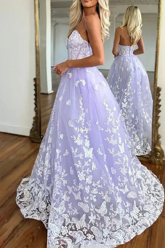 Strapless Purple Lace Long Prom Dress, Sweetheart Neck Purple Formal Dress, Purple Lace Evening Dress