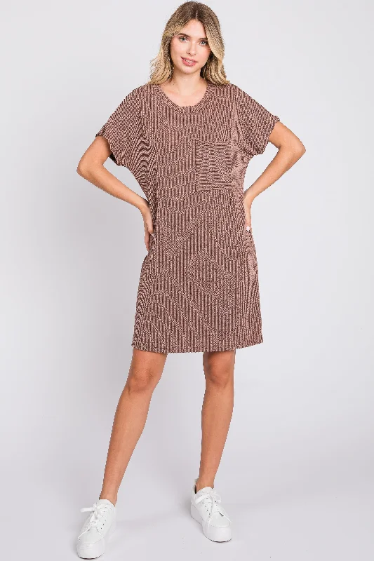 Taupe Ribbed Front Pocket Dolman Short Sleeve Dress