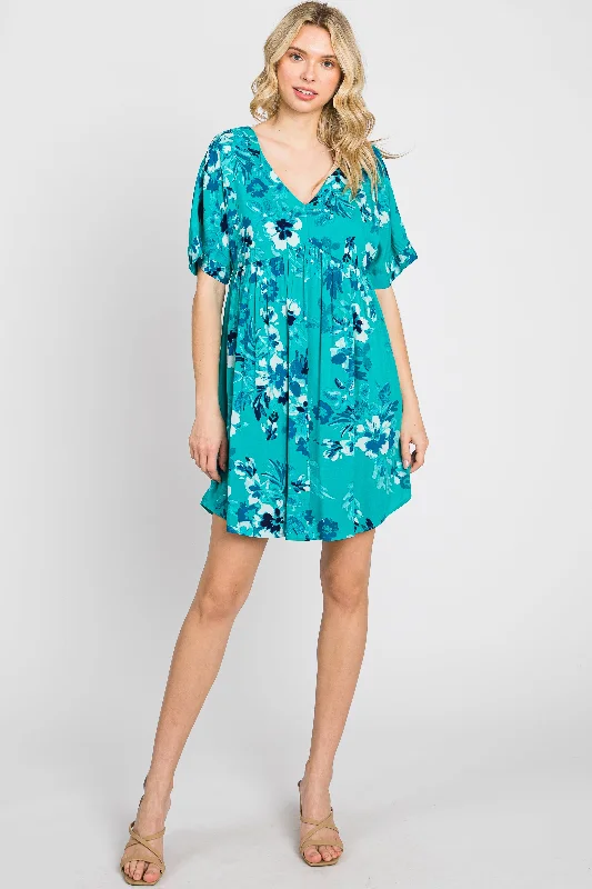 Teal Tropical Floral V-Neck Short Sleeve Dress