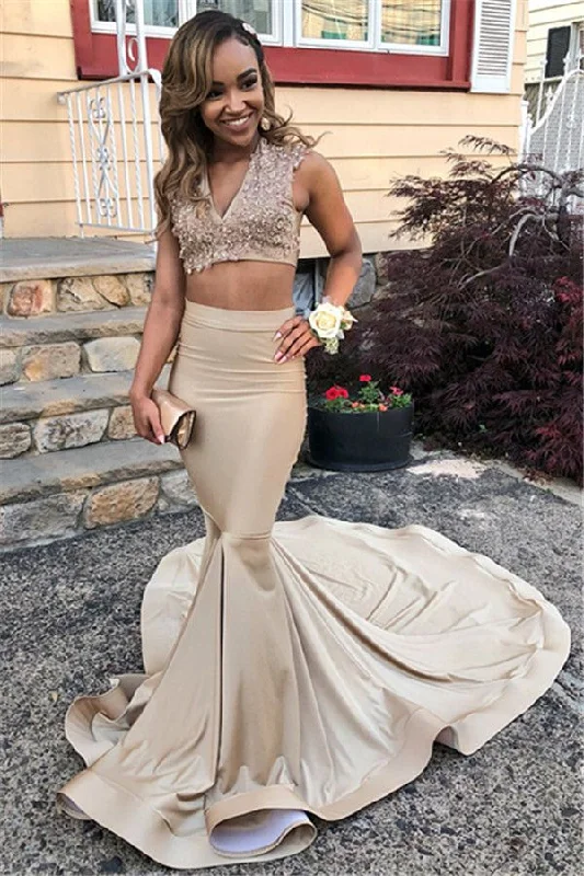 Two Pieces V-Neck Straps Sleeveless Lace Appliques Sexy Mermaid Floor-Length Prom Dresses