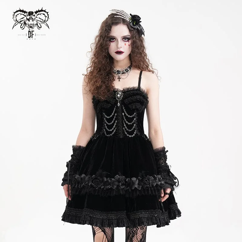 Women's Gothic Chain Ruffled Lace Short Slip Dress