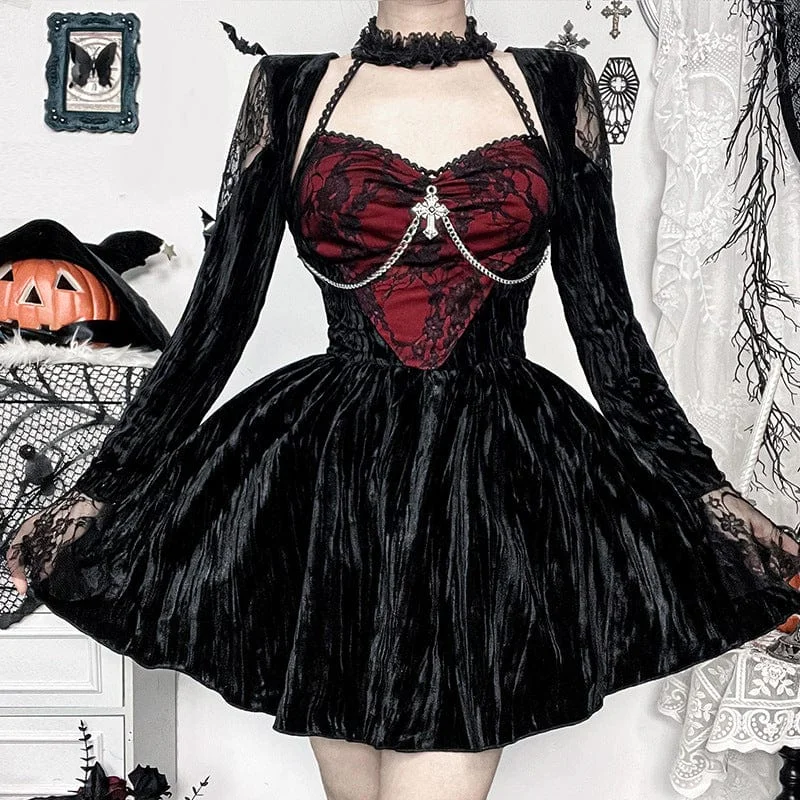 Women's Gothic Cross Lace Short Dress Black Red