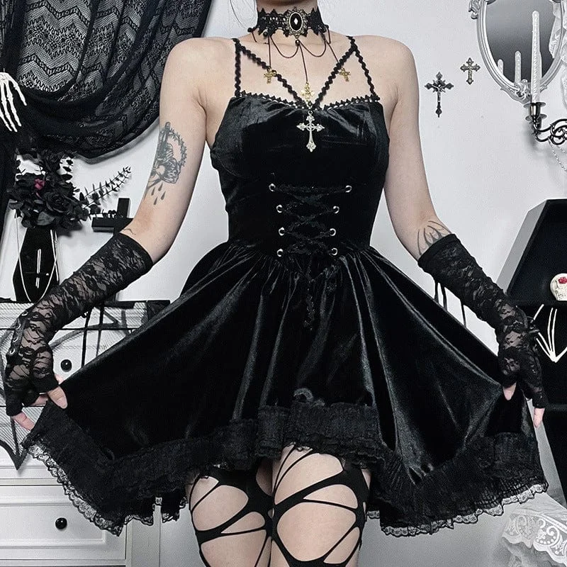 Women's Gothic Lacing-up Lace-trimmed Velvet Short Dress