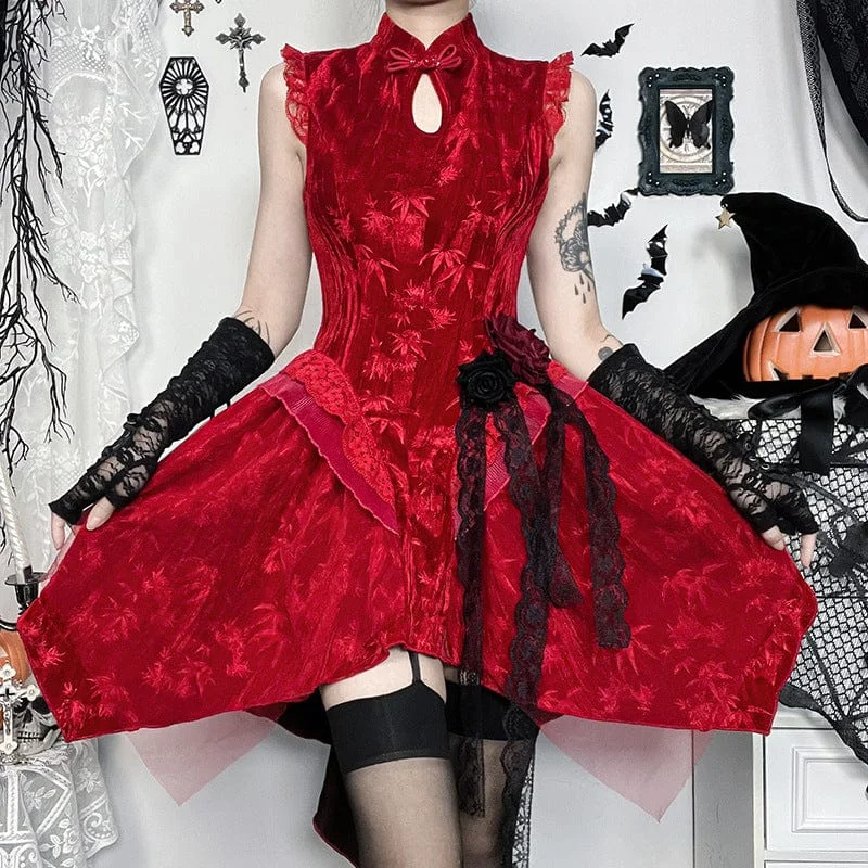 Women's Gothic Ripped Lace Short Dress Red