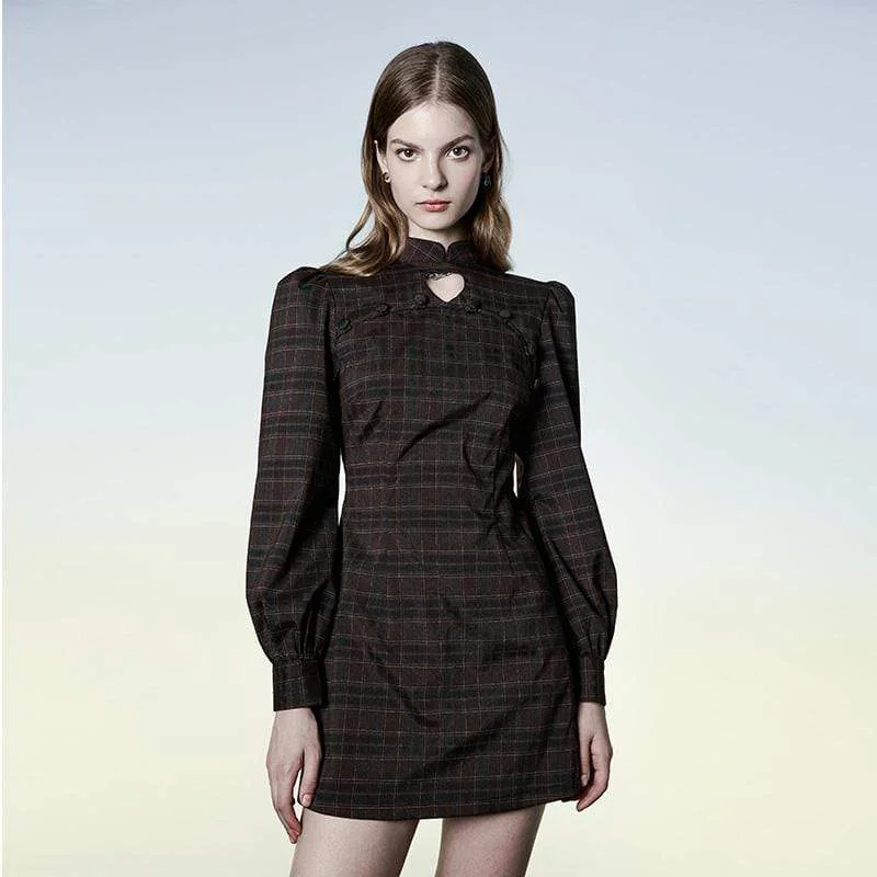 Women's Grunge Stand Collar Plaid Short Dress