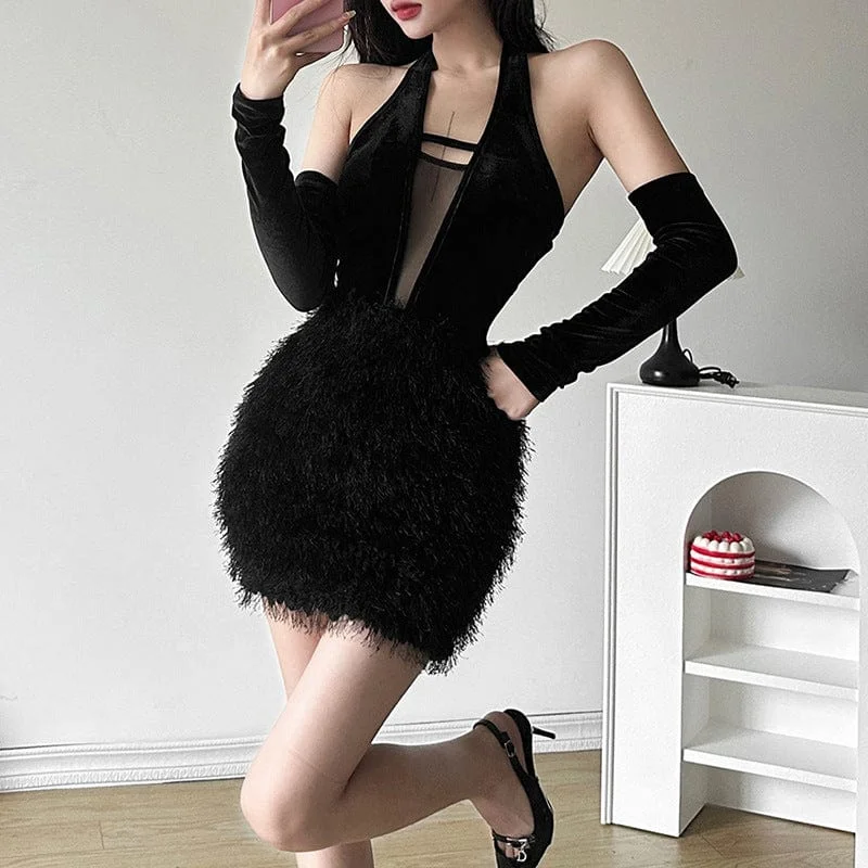 Women's Punk Halterneck Plunging Sheer Fluffy Short Dress