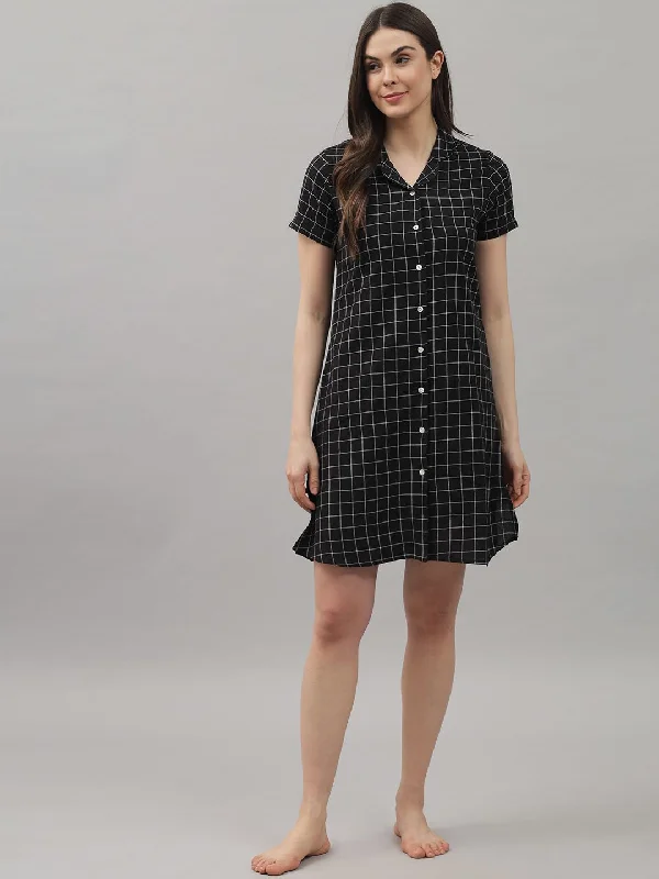 Black and White Check Knee Length Rayon Sleep Shirt by Shararat