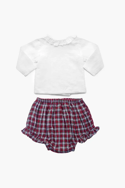 Girls Double Button Frill Blouse and Tartan Frill Short Set