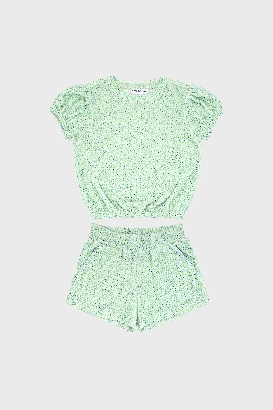 Hibiscus Ditsy Puff Sleeve French Terry Top and Shorts Set