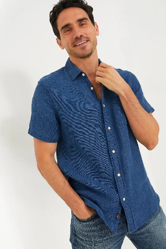 Indigo Basketweave Short Sleeve Palma Linen Shirt