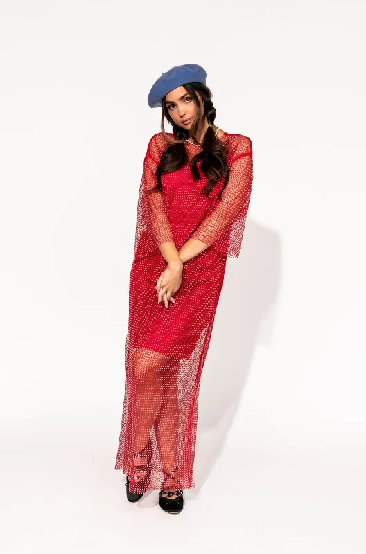 Mirrorball Mesh Dress + Slip in Ruby Red