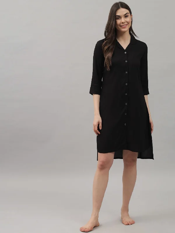 Solid Black Knee Length Rayon Sleep Shirt