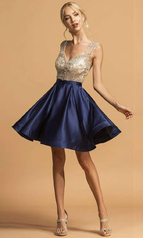 Aspeed Design - S2124 Cap Sleeve Bejeweled Satin Dress