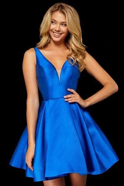 Sherri Hill - Illusion Deep V Bodice Satin Short A-Line Dress 52179 - 1 pc Royal In Size 6 Available